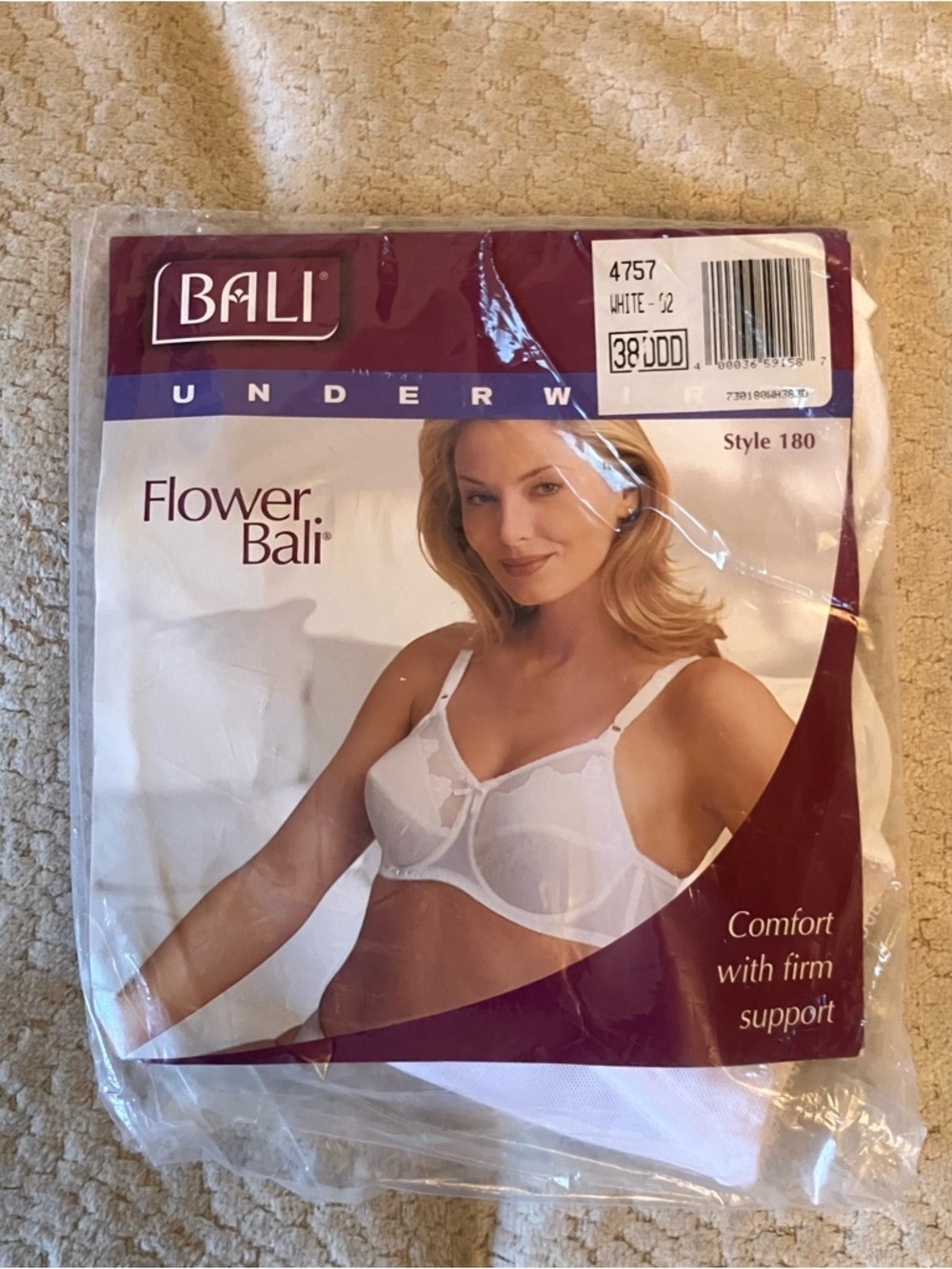 NWT Bali 0180 Flower Bali White Classic Support Unlined Underwire Bra Sz 38DDD